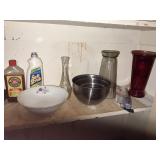 Shelf clean out cleaning supplies vases and bowls