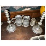 Pewter or aluminum candle sticks and gravy cup