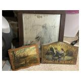 Framed mirror and 2 upland bird plaques