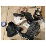 Western boots, silver plate and an air mattress