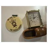 Small clock, 2 pins and a small wooden shoe
