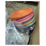 Box of wicker plate holders and household items