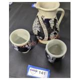 Vintage Stoneware Pitcher with Matching Cups