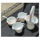Milk Glass Sugar/Creamer Set W Basket