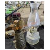 Glass Oil Lamp and Brass Ale Pitcher