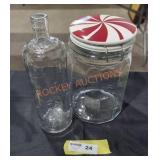 Glass cookie jar and vintage glass bottle