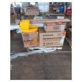 3 microwaves, bathroom sink, mop bucket, white