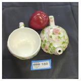 boum bros porcelain tea kettle and cup lot.