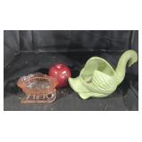 Green ceramic swan and pink glass sled lot.