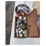 Buttons and sewing accessories in a wooden box lot