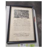 Framed 18th century engraved music sheet.