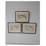 Trio of Colts patient fire arms framed drawings.