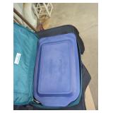 Portable Pyrex casserole carrier and dish.