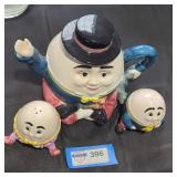 Ceramic humpty dumpty teapot and shakers lot.