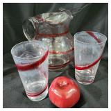 Pier 1 Red Swirline Pitcher and Glasses Lot