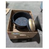 Cast iron pot and vintage iron spittoon. Box lot.