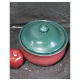 Vintage pottery casserole pot with wood.