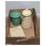 Metal jar with lid and metal pitcher.