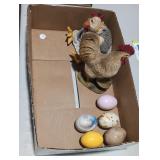 Rooster and hen figurine and decorative eggs lot.
