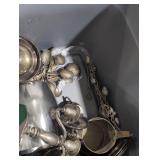 Misc. Silver plated tableware tote lot.
