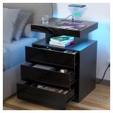 Modern Black 3-Drawer Nightstand with Charge