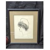 Framed Ink Drawing of a Woman in Profile