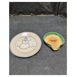 Ceramic Snowman Plate and Green Pottery Dish