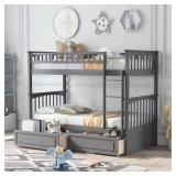 Gray Twin Size Wood Bunk Bed with 2-Drawers