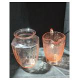 Pink depression glass pitcher and vase.