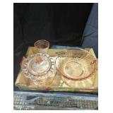 Pink depression glass dishes lot.