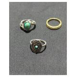 Trio of costume jewelry rings size 7 lot.