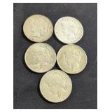 Set of Five Vintage Peace Dollar Coins