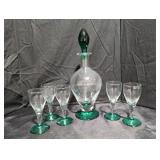 Clear and Green Decanter with 5 Matching Glasses
