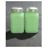 Green glass salt and pepper shakers.