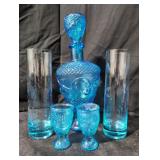 Blue Glass Decanter with Matching Cups