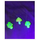 Trio of mushroom ornaments coated in Uranium