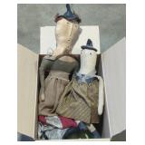 Box of  Dolls and holiday decor.