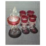 Ruby-Toned Glassware Set with Decorative Basket