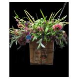 Vintage Flower Arrangement in Wooden Bucket