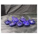 Set of Cobalt Glass Animal-on-Nest Trinket Boxes