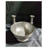 Matching Pewter Bowl and Candle Holders
