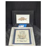 Framed Art Pair: Fish Collage & Embroidered Sign