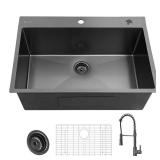 33 in Drop-In Sink with Faucet, 18ga Black