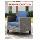 (1) Wicker Grey Metal Patio Chair with Blue Cushi