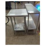 A metal work table and metal shelving unit
