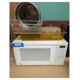 Microwave, Metal Bowls, and Kitchen Accessories