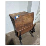 Antique Wooden School Desk with Iron Base