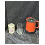 Tin, Glass, and Red Jug Set