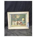Vintage Framed Artwork of Child and Puppies