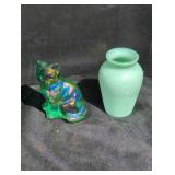 Iridescent Cat Figurine and Green Vase Set